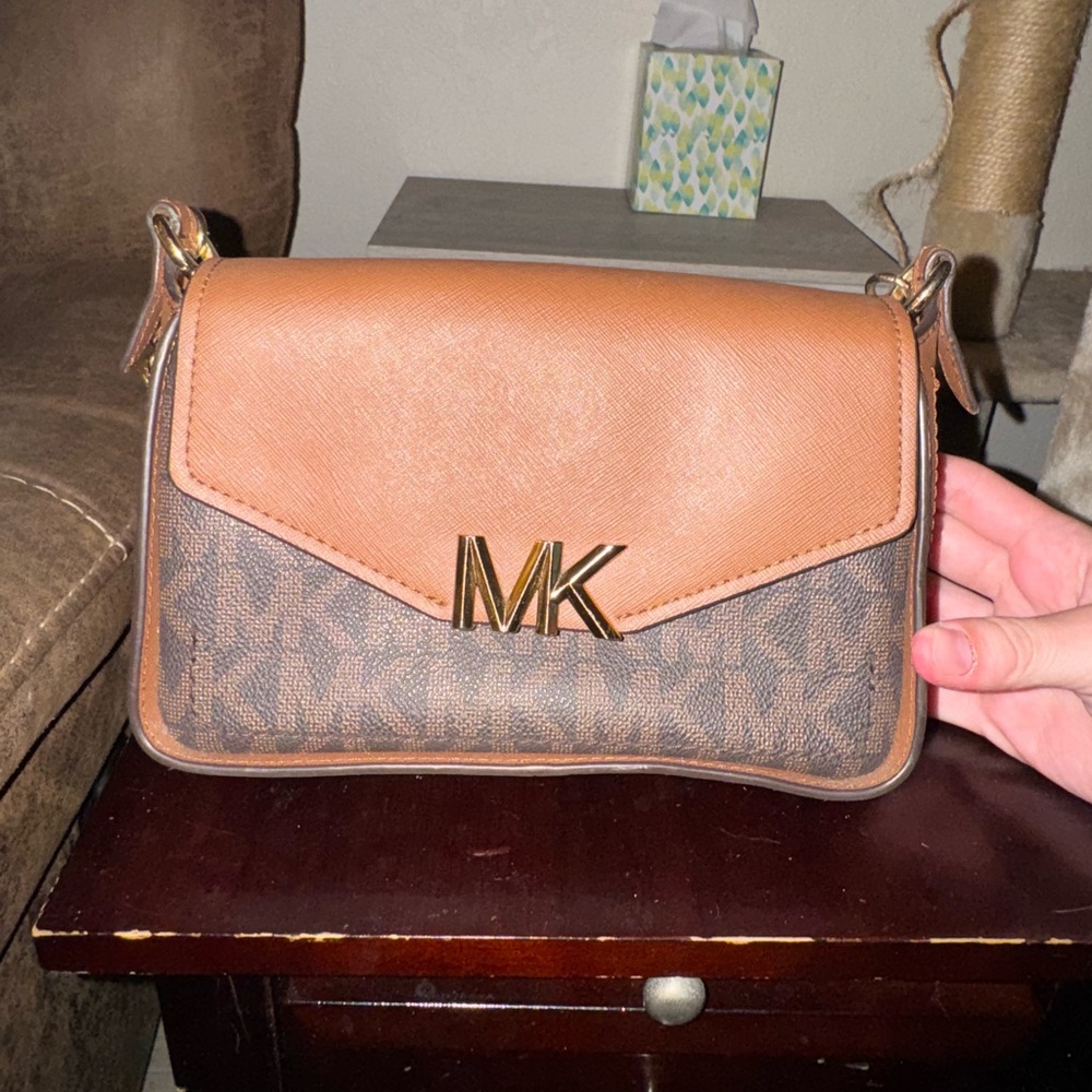Michael Kors Brown and Tan Crossbody Bag with Gold Hardware